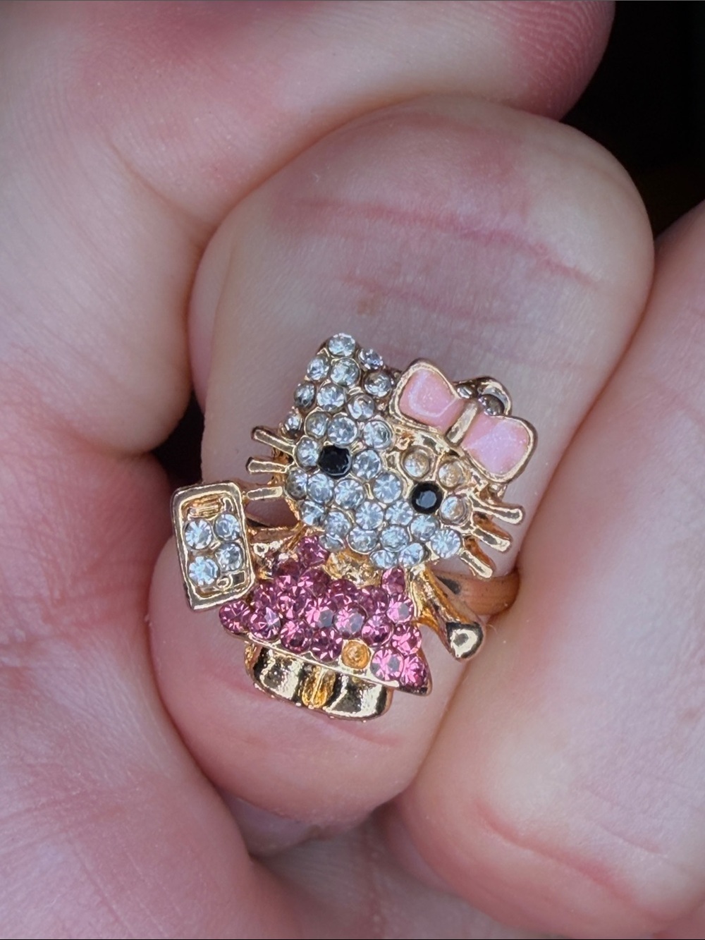 Hello Kitty Gold-Tone Pink Crystal Charm Ring sz 4 adjustable